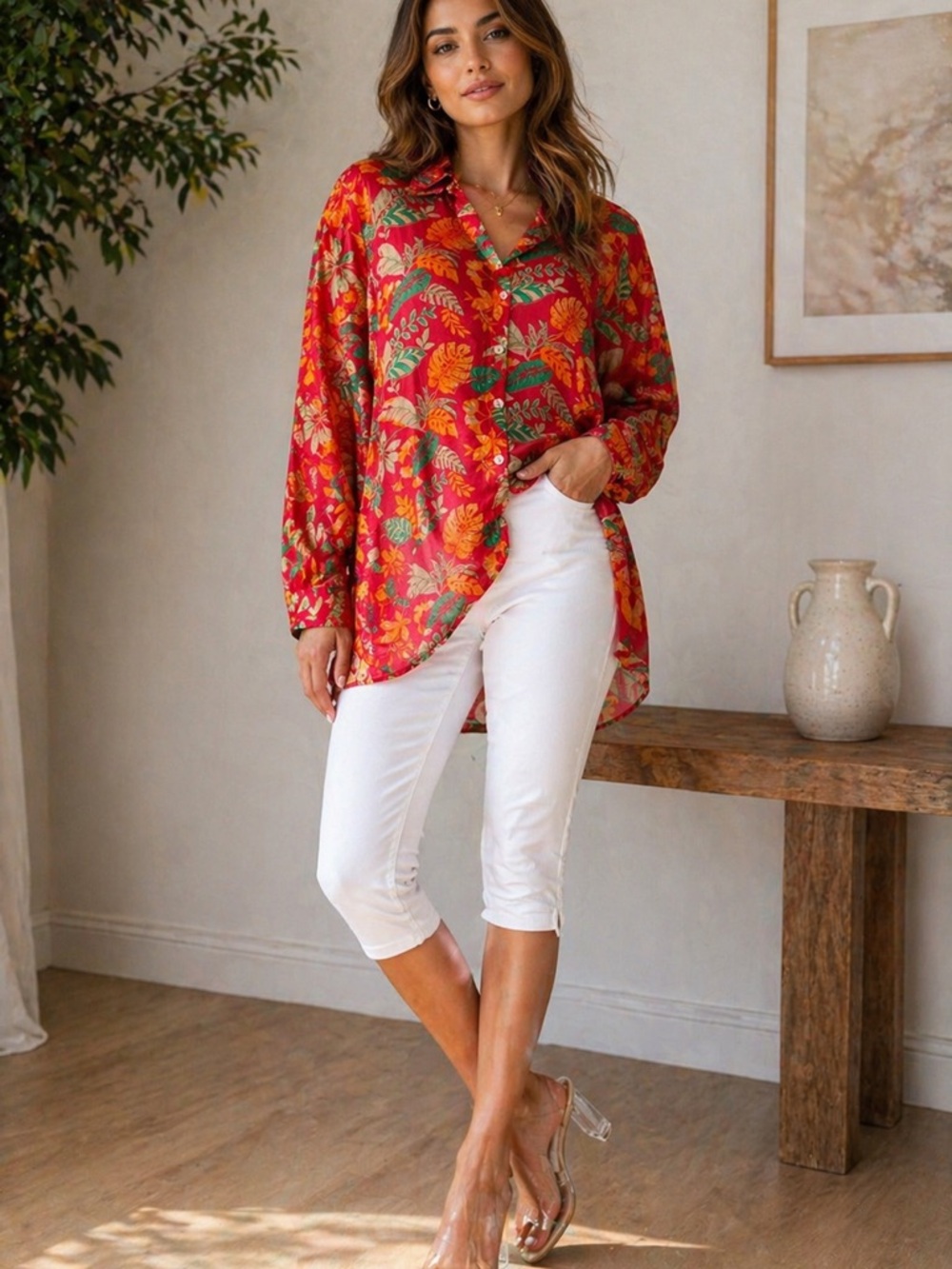 Oversized Floral Crepe Shirt | Silky Flowy Blouse | Size XXL (US 20–22)